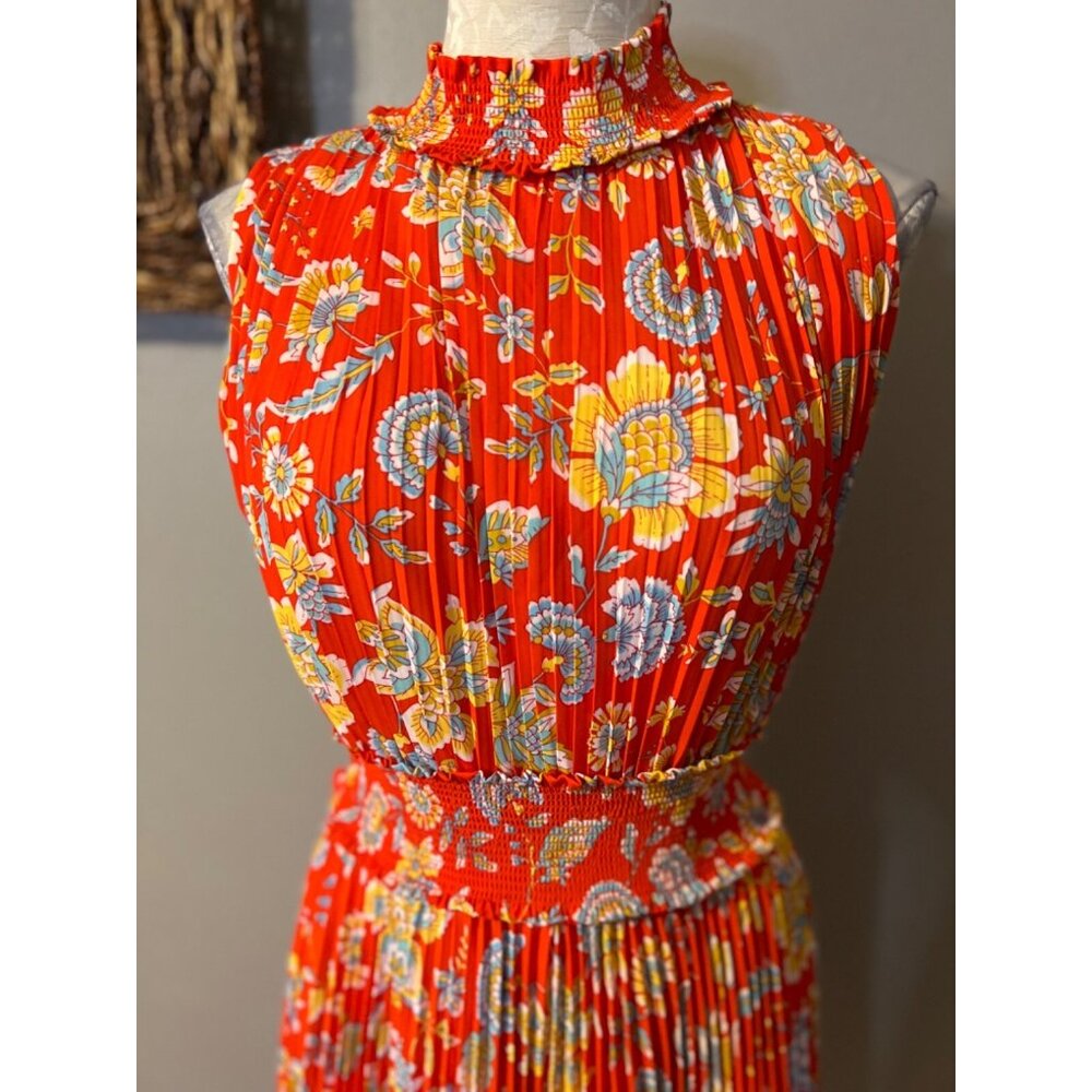 Nanette Lepore Dress 4 Pleat Mock Neck Smocked Red Orange Yellow Floral Washable - Picture 7 of 9